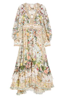 Camilla Floral Long Sleeve Plunge Neck Silk Maxi Dress in Renaissance Romance
