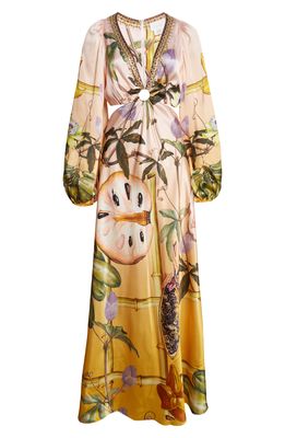 Camilla Floral Print Cutout Long Sleeve Silk Maxi Dress in Original Sin