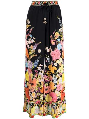 Camilla floral-print drawstring silk trousers - Black