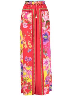 Camilla floral-print silk straight trousers - Red