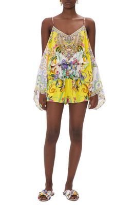 Camilla Mixed Print Cold-Shoulder Long Sleeve Silk Romper in Caterina Spritz