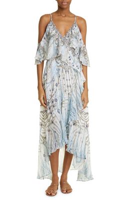Camilla Moon and Back Ruffle Overlayer High-Low Silk Wrap Dress