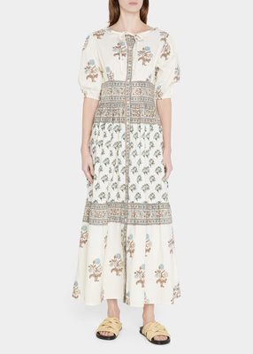 Camilla Puff-Sleeve Floral Cotton Midi Dress