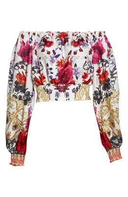 Camilla Rose Print Shirred Waist Silk Off the Shoulder Blouse in Reign Of Roses