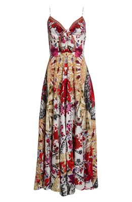 Camilla Rose Print Tie Front Silk Midi Dress in Reign Of Roses