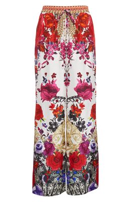 Camilla Rose Print Wide Leg Silk Pants in Reign Of Roses