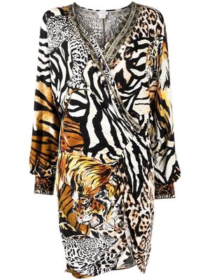 Camilla ruched tiger-print mini dress - Black