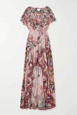 Camilla - Ruffled Bead-embellished Floral-print Silk Crepe De Chine Maxi Wrap Dress - Pink