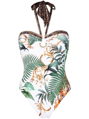Camilla tiger-print halterneck swimsuit - White
