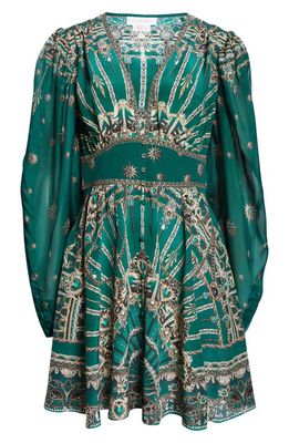 Camilla Venice Veil Print Crystal Embellished Long Sleeve Silk Dress