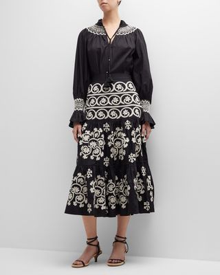 Camille Floral Swirl Embroidery Tiered Midi Skirt
