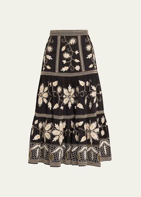 Camryne Floral-Embroidered Tiered Midi Skirt