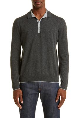 Canali Exclusive Tipped Long Sleeve Cashmere Polo Sweater in Charcoal