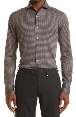 Canali Houndstooth Jersey Button-Up Sport Shirt in Brown