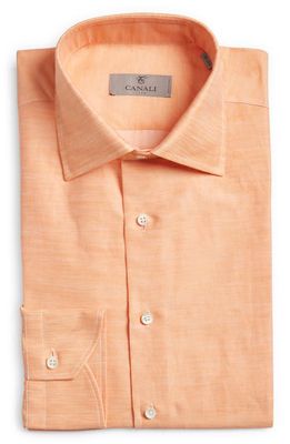 Canali Regular Fit Solid Cotton & Linen Dress Shirt in Light Orange