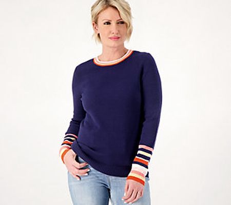 Candace Cameron Bure Crewneck Multi Stripe Cuff Sweater