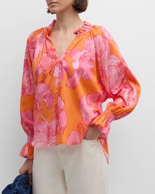 Candance Floral-Print Blouson-Sleeve Cotton Top