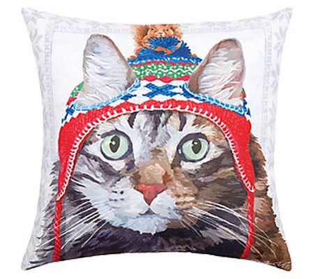 C&F Home 18" x 18" Winter Hat Cat I/O Christmas Pillow
