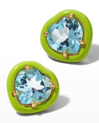 Candy Heart Stud Earrings with Lime Green Enamel and Blue Topaz