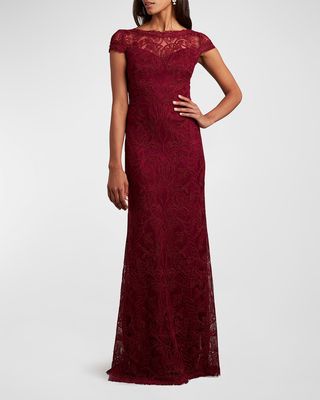 Cap-Sleeve Corded Lace Illusion Gown