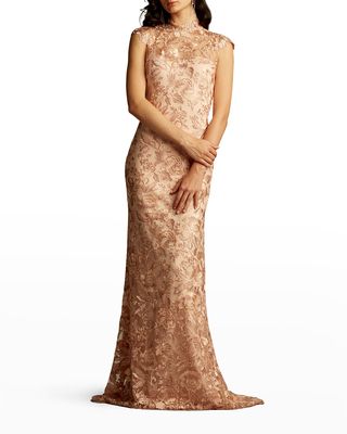 Cap-Sleeve Embroidered Lace Gown