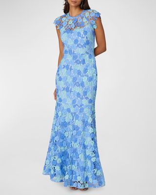 Cap-Sleeve Floral Lace Trumpet Gown