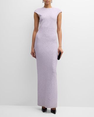 Cap-Sleeve Sequin Stretch Knit Gown