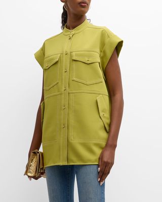 Cap-Sleeve Stretch Cady Collared Vest