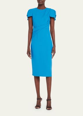 Cap-Sleeve Wool-Blend Midi Dress with Gathered Front