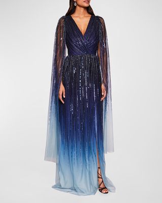 Cape-Sleeve Bead & Sequin Ombre Gown