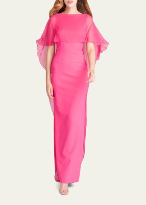 Cape-Sleeve Crepe Column Gown