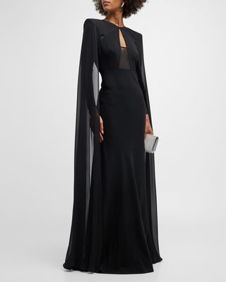 Cape-Sleeve Evening Gown w/ Mesh Detail