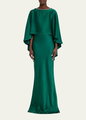 Cape Trumpet Gown with Embellished Neckline