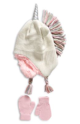 Capelli New York Kids' 2-Piece Knit Unicorn Earflap Hat & Mittens Set in Pale Pink Multi