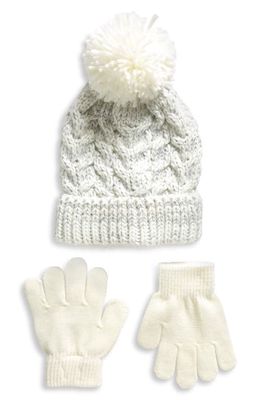 Capelli New York Kids' Chunky Cable Stitch Pompom Hat & Gloves Set in Ivory