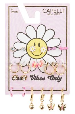 Capelli New York Kids' Set of 9 Good Vibes Only Mixed Earrings in Gold Combo