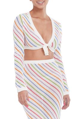 Capittana Bruna Stripe Crochet Crop Cover-Up Sweater in Multicolor White