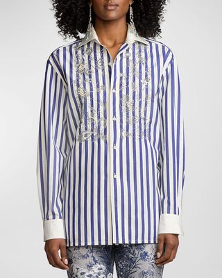 Capri Umbrella Striped Embroidered Button-Front Shirt