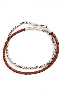 Caputo & Co. Braided Sterling Silver & Leather Double Wrap Bracelet in Tan