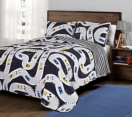 Car Tracks 3-Piece Full/Queen Navy Quilt Set by Lush Decor