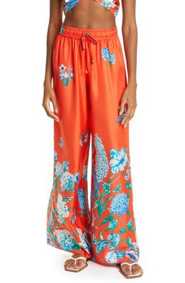 Cara Cara Adele Floral Border Silk Twill Palazzo Pants in Cherry Bouquet