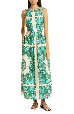 Cara Cara Colomba Floral Cotton Poplin Maxi Sundress in Teal Floral Topiary