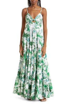 Cara Cara Delilah Tiered Floral Print Cutout Cotton Poplin Maxi Dress in Nordic Fields Olive
