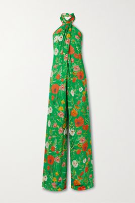 Cara Cara - Marion Open-back Floral-print Silk-crepon Halterneck Jumpsuit - Green