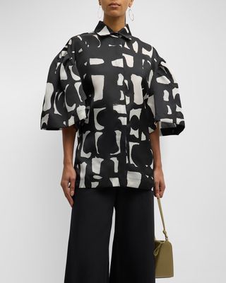 Carella Abstract-Print Puff-Sleeve Collared Shirt