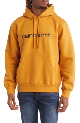 Carhartt Work In Progress Hooded Logo Sweatshirt in Ochre /Dark Navy