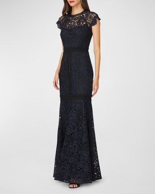 Carlotta Cap-Sleeve Floral Lace Gown