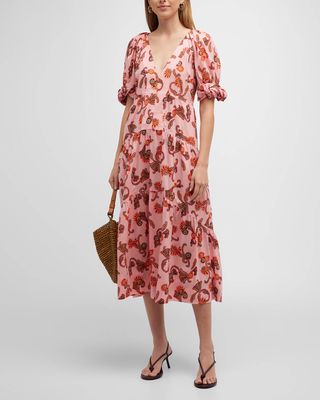 Carmela Printed Puff-Sleeve Tiered Midi Dress