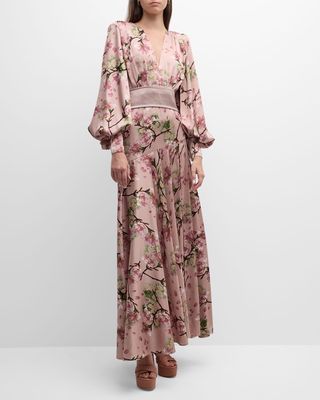 Carmen Sakura-Print Bishop-Sleeve Gown