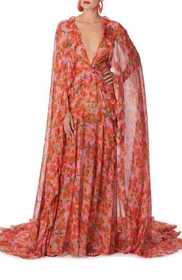 Carolina Herrera Anemone Print Caped Silk Chiffon Gown in Flamingo Multi